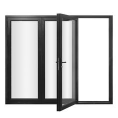 an open black door with white glass on the inside and outside doors, showing both sides