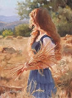 a painting of a girl in a blue dress holding a bundle of wheat while standing in a field