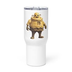 a white tumbler cup with a cartoon character on it