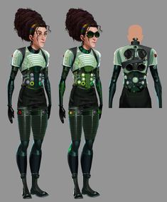 a woman in futuristic garb and glasses standing next to each other