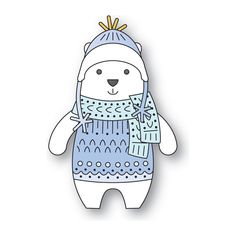 a white bear wearing a blue knitted hat and scarf with a snowflake on it's head