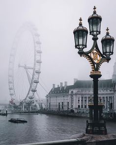 a street light sitting on the side of a river next to a large ferris wheel