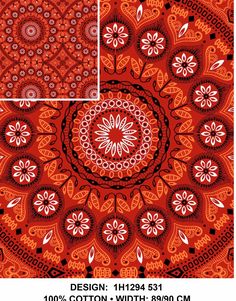 an orange and black circular design with white flowers in the center, on red background