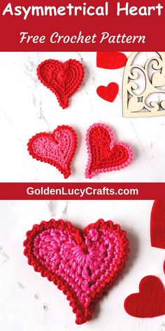 crocheted hearts are shown with the text asymmetrical heart free crochet pattern