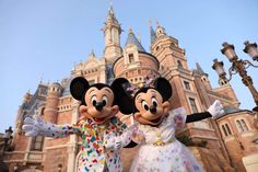 two mickey and minnie mouse characters standing in front of a castle with their arms around each other