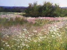 an oil painting of a field with wildflowers in the foreground and trees in the background