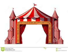 a circus tent with red and white stripes on the front, an open door for people to enter