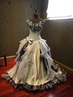 Sensational Silver and Black Wedding Dress Gothic Victorian Steampunk Wedding Dress, Dresses Ruffles, Black Wedding Dress Gothic, Silver Wedding Dress, Off Shoulder Ball Gown, Victorian Wedding Dress, White Bridal Gown, Gothic Wedding Dress, Skull Wedding