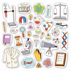 stickers with different types of science related items and symbols on white background stock photo - budget cut outs