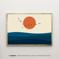 an image of birds flying in the sky over water and land with sun on it