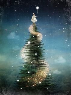 a painting of a woman standing on top of a christmas tree in the night sky