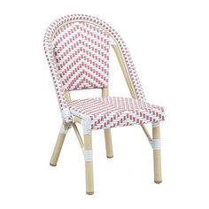 a white and red chair with woven seat padding on the back, against a white background