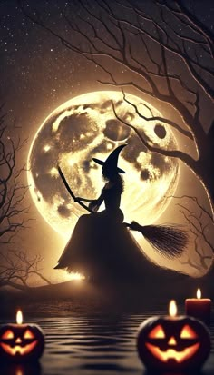 a witch sitting on top of a hill in front of a full moon with pumpkins