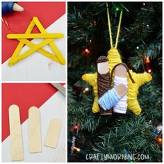 christmas ornaments made out of popsicle sticks and yarn are featured in this collage