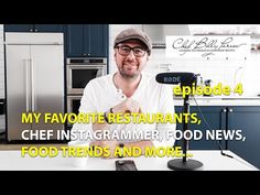 a man sitting in front of a microphone on top of a kitchen counter with the words my favorite restaurant, chef instagrammer, food news, food and more