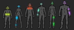 several different types of human body shapes with glowing lights on their arms and chestes