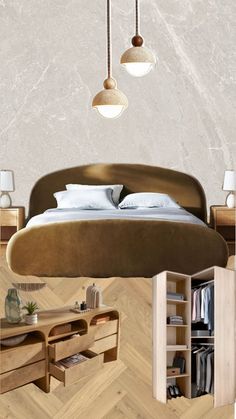 an image of a bedroom setting with bed, desk and lamps hanging from the ceiling