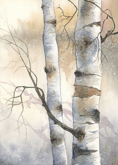 watercolor painting of two birch trees in the snow