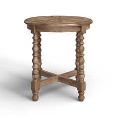 a small wooden table with two legs and a round top on an isolated white background