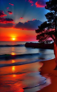 the sun is setting over the ocean with trees on the shore and water in the foreground