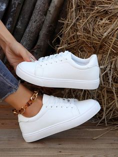 Style:Sporty \nColor:White \nToe:Round Toe \nPattern Type:Plain \nStrap Type:Lace Up \nSize Fit:One Size Smaller \nUpper Material:PU Leather \nLining Material:Fabric \nPower Supply:None \n Nike Tenis, White Casual Sneakers, Casual Athletic Shoes, Skateboard Shoes, Sport Shoes Women, Casual Sneakers Women, Casual Flat Shoes, Casual Athletic, Casual Sport Shoes