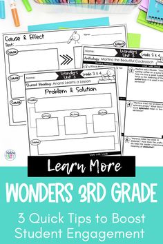 the wonders 3rd grade student's workbook is shown with pencils and markers