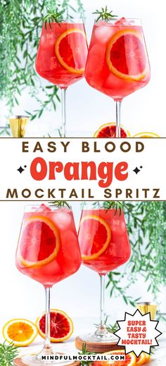 three glasses filled with blood orange cocktails and garnished with an orange slice