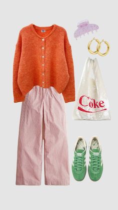 Color Matching Outfits Ideas, Pastel Wardrobe Aesthetic, Multi Color Cardigan Outfit, Pink Orange Green Outfit, Pink And Orange Outfit Aesthetic, Summer Dopamine Dressing, Pastel Work Outfit, Orange Sweater Outfit Fall Looks