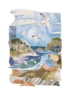 an image of birds flying over the ocean and land in this collage with watercolors