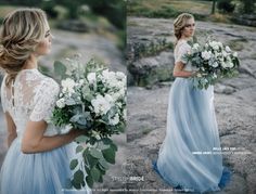 a woman in a blue dress holding flowers