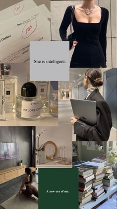 a collage of photos with women in black clothing and perfumes on them, including a woman using a laptop