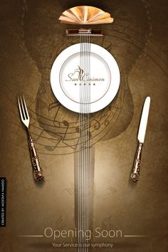 an advertisement for a restaurant with a plate and silverware on the front, gold rimmed fork and knife next to it