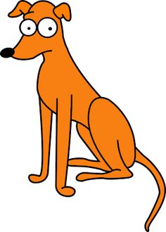 an orange cartoon dog sitting on the ground with its legs crossed and eyes wide open