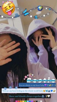 two girls in white hoodies are talking on their cell phones with emoticions above them