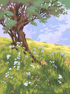 a painting of a tree in the middle of a field with wildflowers and grass