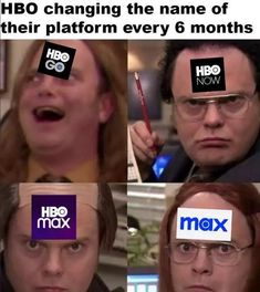 the faces of people with different logos on their foreheads that say hbo changing the name of another platform every 6 months