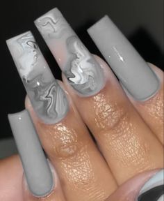 Cute Grey Acrylic Nails, Short Grey Nails With Design, Gray White And Black Nails, Gray Nails Marble, Grey Short Acrylic Nails, Smokey Grey Nails, Grey Nail Designs Short, Gray Acrylic Nails Design, Grey Aesthetic Nails