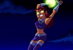 a cartoon character holding a glowing ball in the air with her right arm up and one hand out