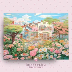 a painting of a house surrounded by flowers