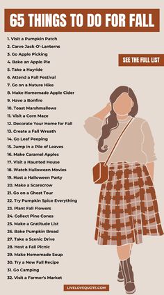 a poster with the words, 65 things to do for fall and an image of a woman