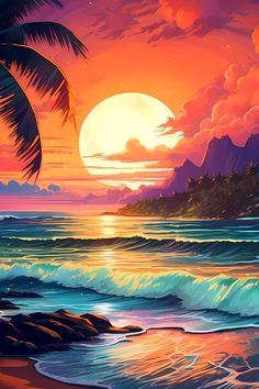 a painting of a sunset over the ocean with palm trees