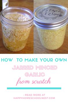 jars filled with garlic and seasoning sitting on top of a wooden table next to each other