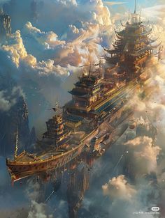 an artist's rendering of a floating city in the clouds