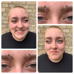 four different pictures of a woman with piercings on her nose and eyebrows, including the upper half of her face