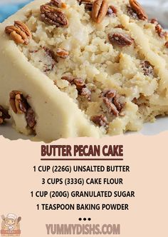 a piece of butter pecan cake on a plate with text overlay that says butter pecan cake