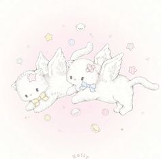 two white kittens with bows are laying on their back and one cat has its wings spread out