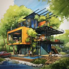 an artistic rendering of a house on stilts next to a body of water and trees