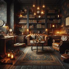 a living room filled with furniture and lots of bookshelves full of books on top of them