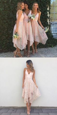 three women in dresses standing next to each other and one is wearing a pink dress