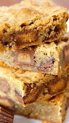 chocolate chip cookie bars stacked on top of each other